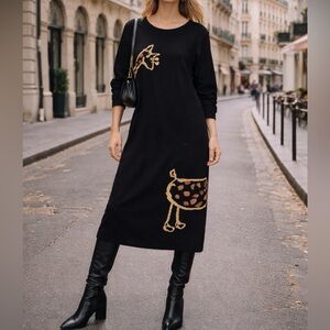 Damoa Black Midi Dress Painted Giraffe Artsy Novelty Print Size M Wearable Art
